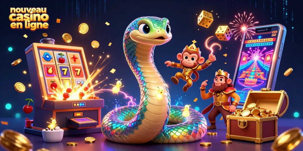 Vivez l'expérience du nouveau casino en ligne avec une illustration dynamique de jeux captivants et personnages colorés.