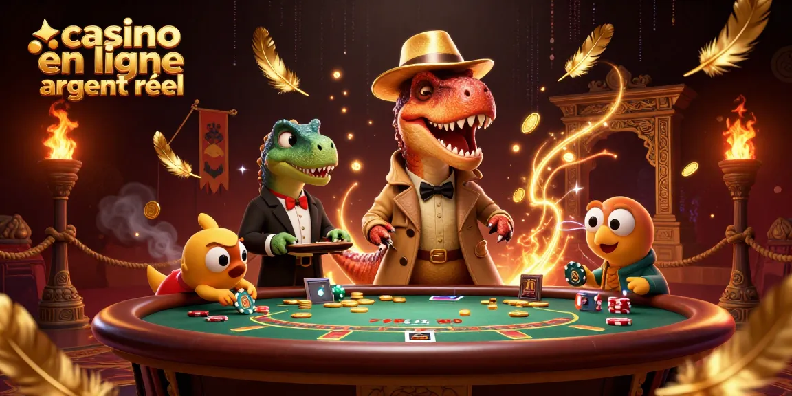 Jouez sur un casino en ligne argent réel avec notre illustration d'un dinosaure comptable au blackjack, ajoutant du suspense.