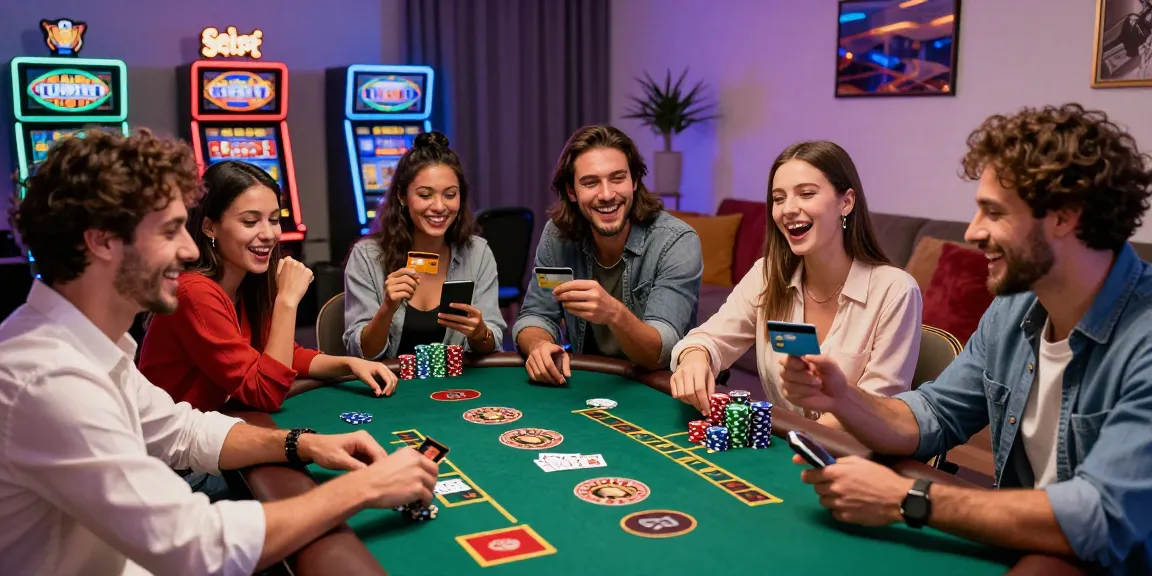Friends enjoying a lively home casino night, showcasing casinos that accept credit cards with games and laughter.