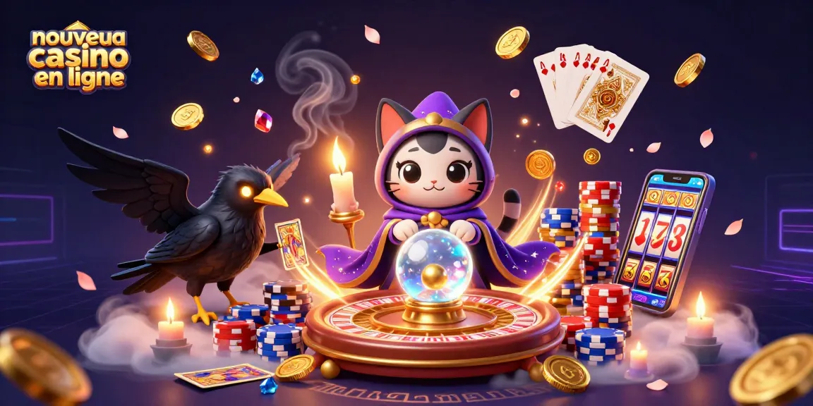 Jouez avec des gains aux nouveaux casinos en ligne illustrés par un chat mystique et des éléments de jeux.