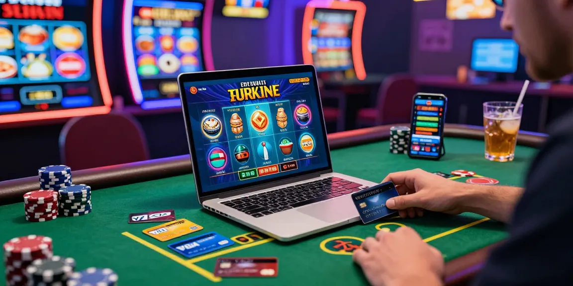 Player enjoying online gambling at a vibrant casino, showcasing casinos that accept credit cards with chips, credit cards, and a lively atmosphere.