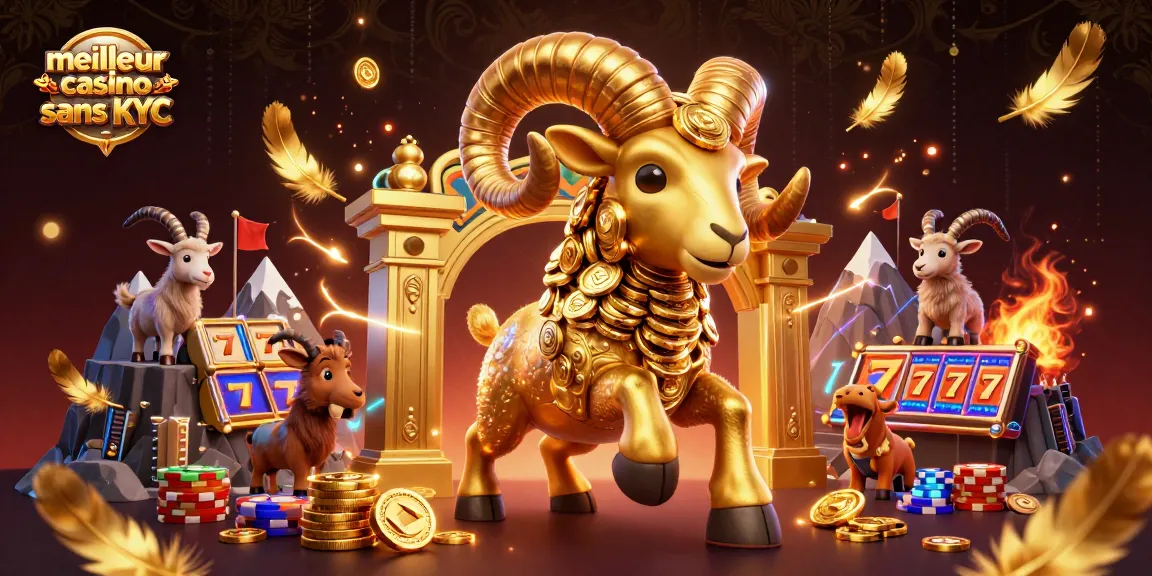 Visualisez le meilleur casino sans KYC avec un bélier doré et des éléments de jeu dynamiques.