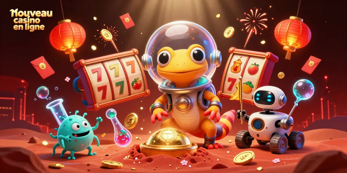 Illustration dynamique pour un nouveau casino en ligne avec un gecko martien et des éléments de jeu.