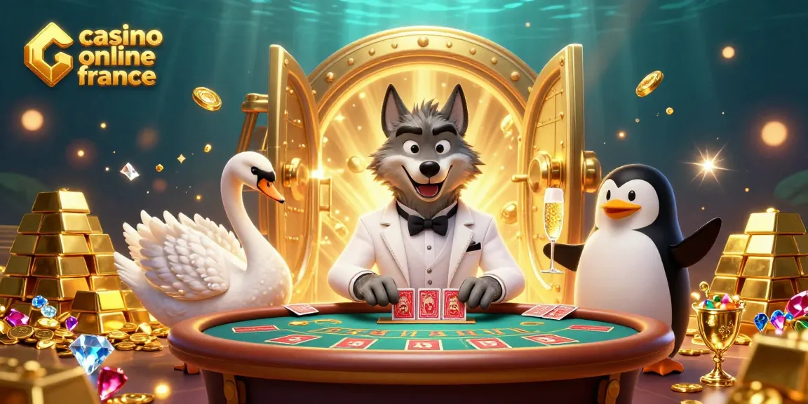 Décollez avec le casino en ligne France à travers une illustration de jeu mettant en scène un loup élégant à une table de baccarat entouré de richesses scintillantes.