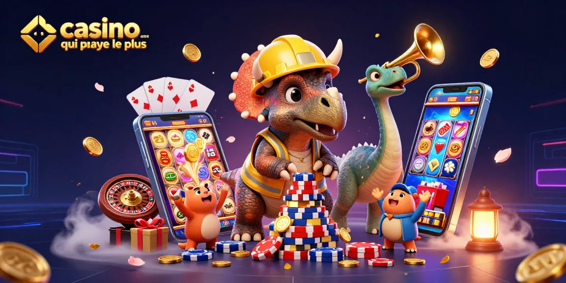 Casino en ligne qui paye le plus : illustration dynamique de jeux de casino avec triceratops et ambiance festive.