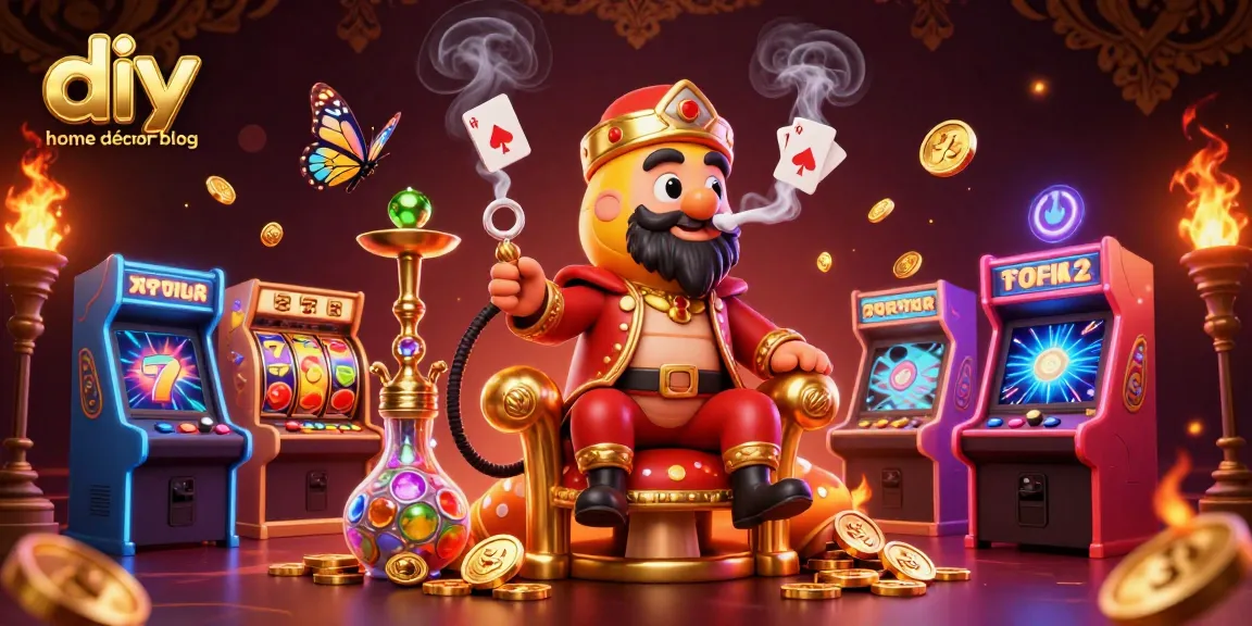 A vibrant illustration for a diy home décor blog featuring a colorful casino scene with slot machines and poker symbols.