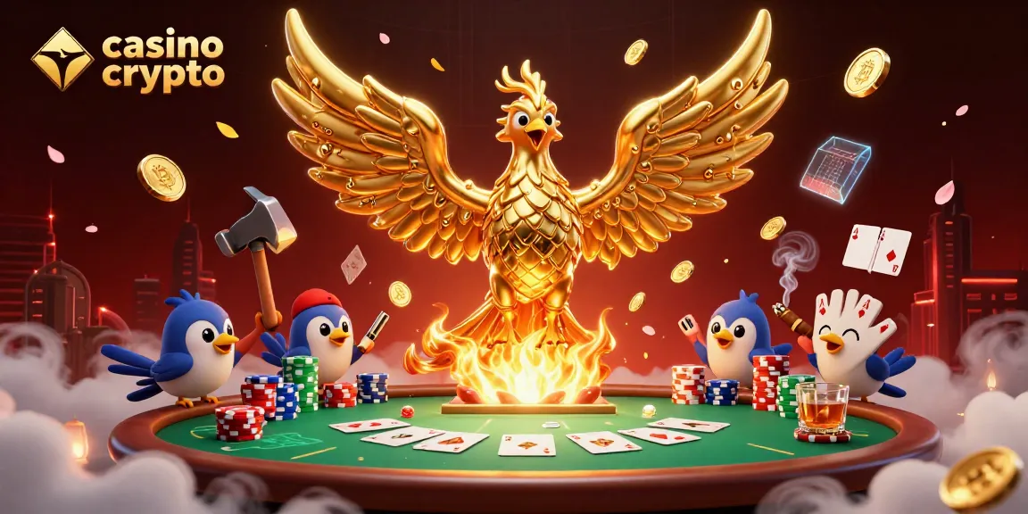 Illustration dynamique du casino crypto mettant en avant des pièces de monnaie flottantes, un phoenix doré et des jetons de poker.