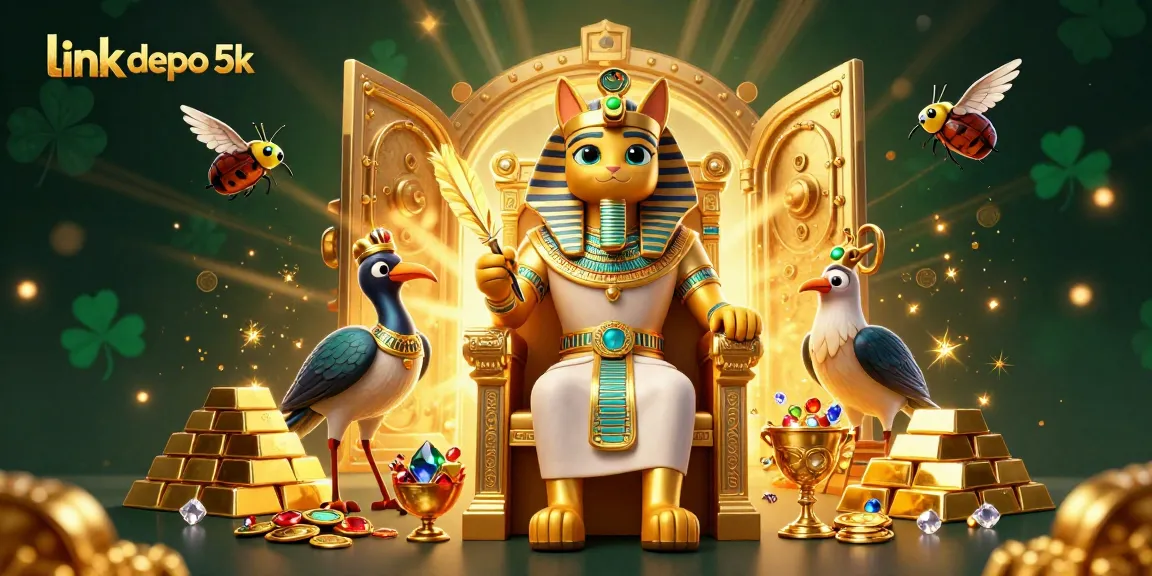 Engage with link depo 5k through this vibrant 3D illustration showcasing a pharaoh cat and treasures in a dynamic casino setting.