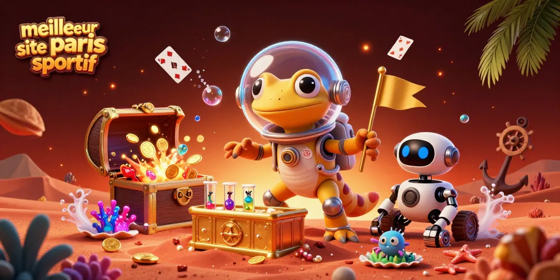 Le meilleur site de paris sportif présente un gécko martien découvrant un casino doré sur Mars, entouré d'éléments de jeu.