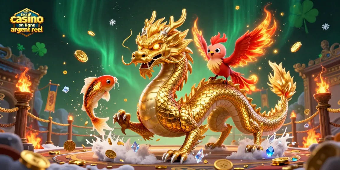 Venez découvrir les jeux de casino en ligne argent réel avec un dragon doré et un phénix stylisé.