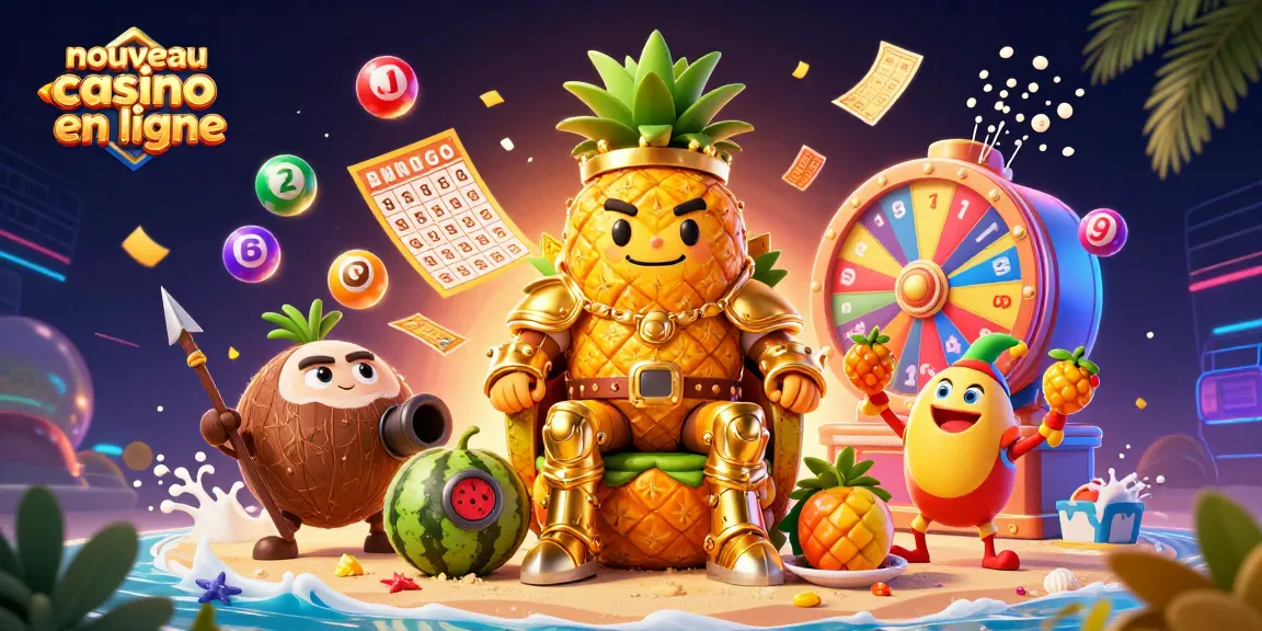 Jouer à un nouveau casino en ligne avec le roi ananas et des éléments de loterie colorés.
