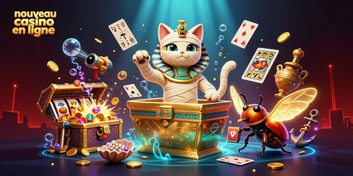 Illustration dynamique d'un nouveau casino en ligne avec un chat momie égyptien et des éléments de jeu captivants.
