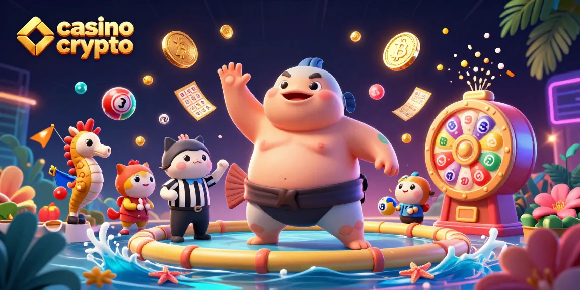 Illustration dynamique d'un casino crypto avec un fugu sumo et des pièces virtuelles