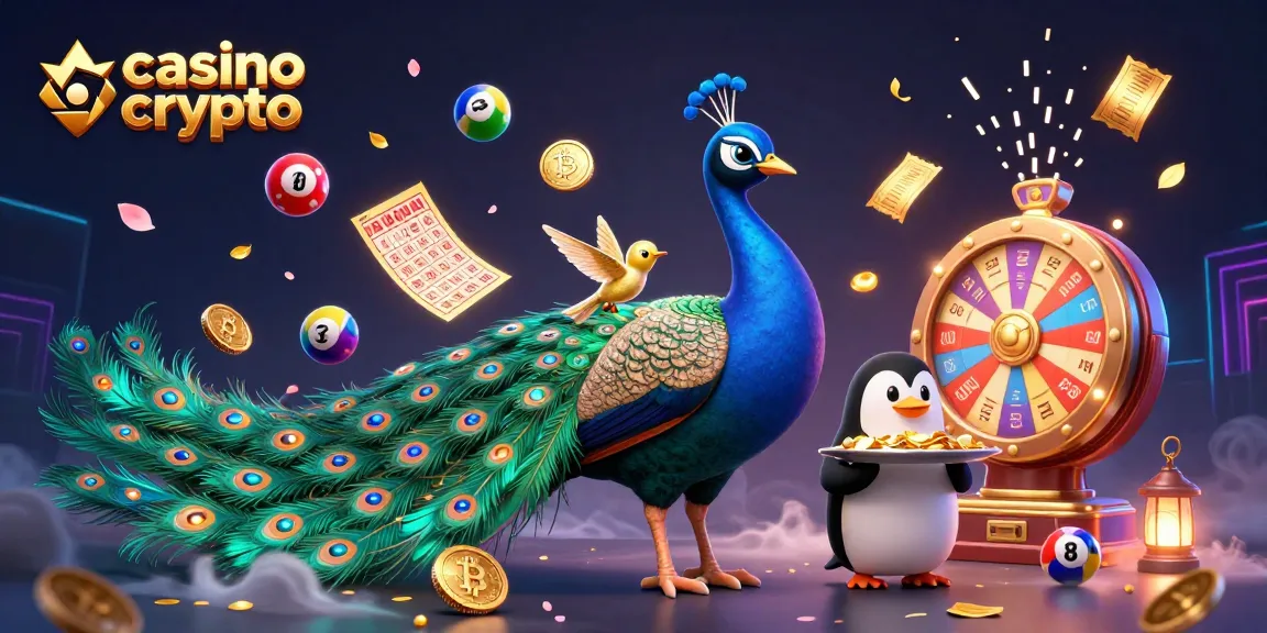Illustration vibrante de casino crypto avec un paon élégant, un pingouin serveur et un colibri doré.